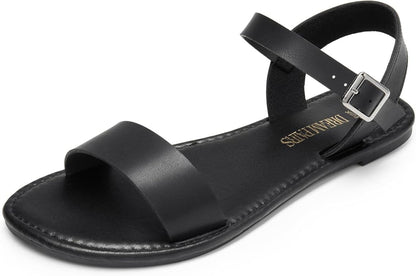 DREAM PAIRS Women's Ankle Strap Flat Sandals Open Toes One Band Buckle Summer Dressy Sandals