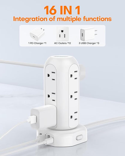 Power Strip Tower PD 20W 12 Outlets and 4 USB Ports Flat Plug Surge Protector with (1 USB C PD 20W) 6.5FT (13A) Travel Power Strip with USB Ports for Home Office Supplies
