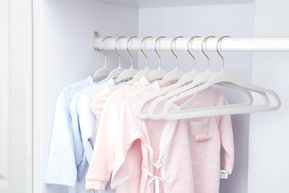ManGotree Baby Velvet Hangers with 360° Swivel Rose Gold Hook, 11" Non-Slip Toddler Hanger, Ultra Thin Space Saving Infant Hangers for Kids Clothes, 15 Pack (White)