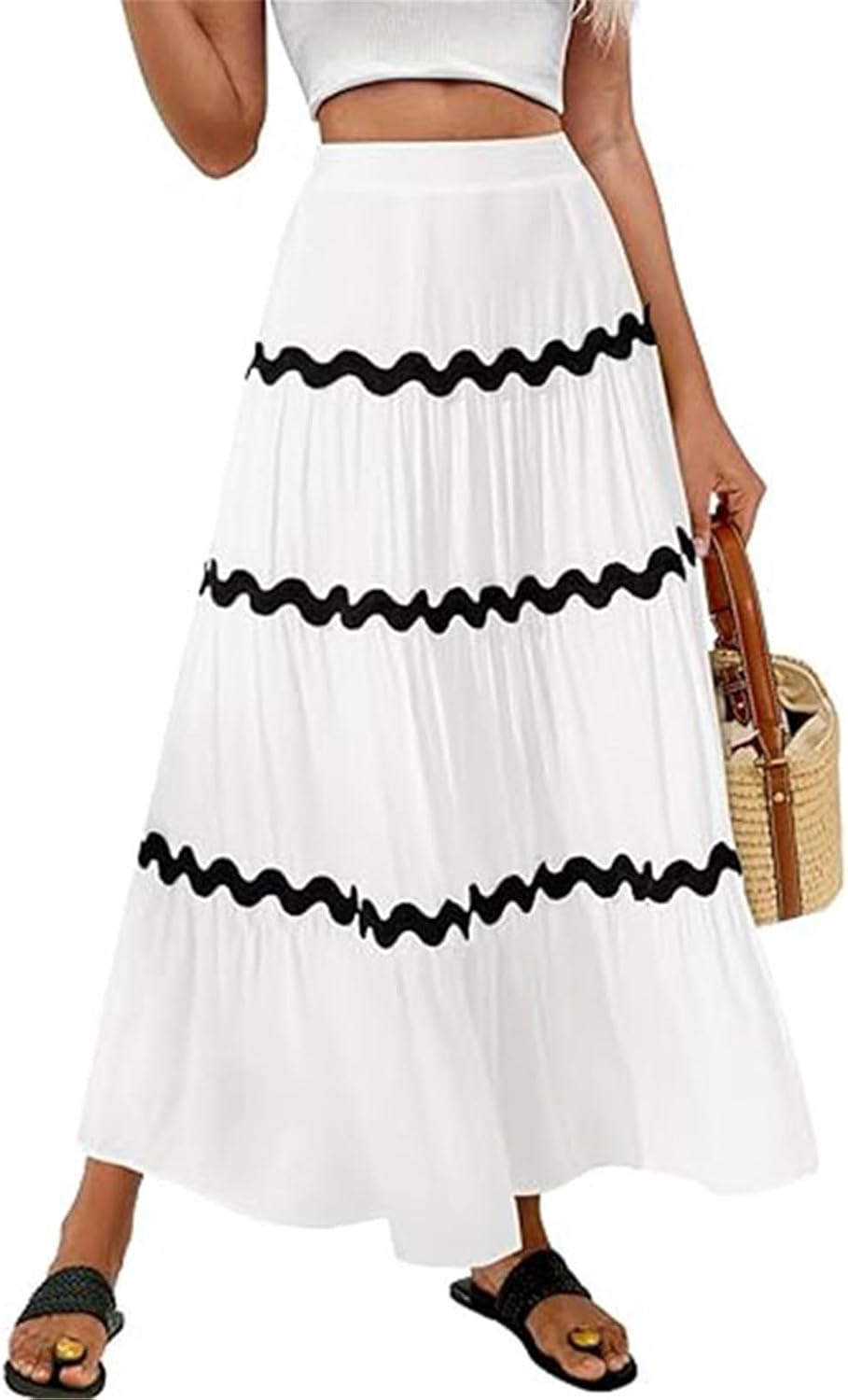 Womens RIC Rac Flowy Boho Maxi Skirts Elastic High Waist Wave Tiered A Line Long Beach Skirts