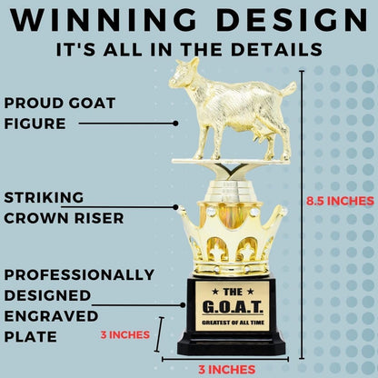 Alpha Awards Goat CUSTOM Trophy - G.O.A.T. - Greatest of All Time Funny Trophy Award - Appreciation Gift for Boss, Coworker, Friend - League Champion Award Winner (Plate reads: "The G.O.A.T Best dessert!" In black, "Fugaz One" font