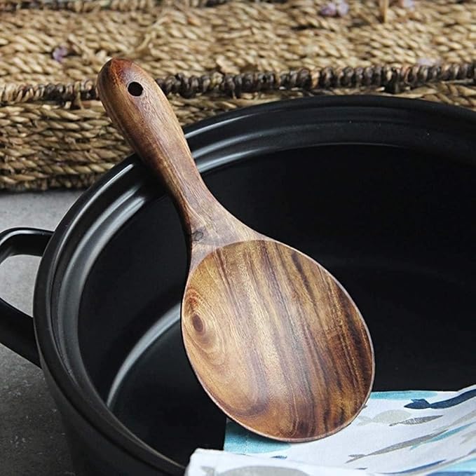 Wooden Rice Spoon, Natural Wood Non-stick Rice Scooper with Round Shallow Head Food Service Spoon Kitchen Utensils for Rice Potato Salads Desserts, 7 Inch