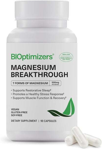BIOptimizers Magnesium Breakthrough Supplement with 500mg - 7 Forms of Magnesium: Glycinate, Malate, Citrate, and More - Natural Support for Sleep and Cognitive Function -30 Capsules- Calming Vitamins ( No Original Box )
