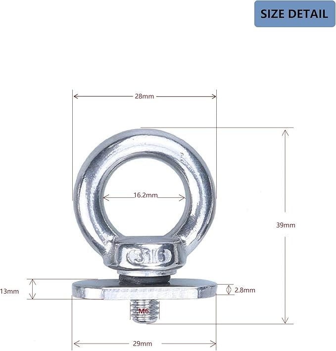 Thorn Track Mount Tie Down Eyelets, M6 Metal Eye Bolts, 316 Stainless Steel, Hold Bungee Cord or Ropes Up to 0.6 Inch