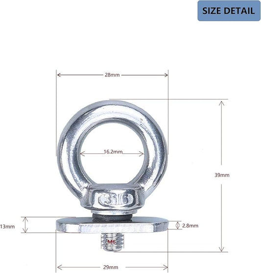 Thorn Track Mount Tie Down Eyelets, M6 Metal Eye Bolts, 316 Stainless Steel, Hold Bungee Cord or Ropes Up to 0.6 Inch