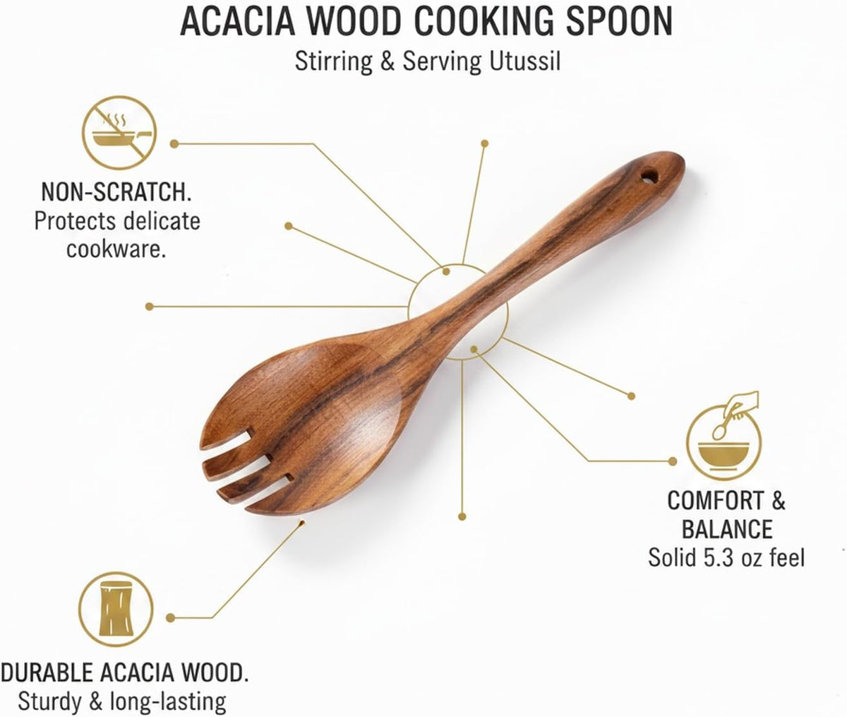 Acacia Wood Cooking Spoon for Non-Stick Cookware, Sturdy Kitchen Utensil for Stirring and Serving (1 PC)