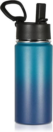 Volhoply Kids Insulated Water Bottle With Straw,16oz Stainless Steel Cold Water Bottles for School,BPA-Free Metal Wide Mouth Cups With Handle,Reusable Double Wall Vacuum Sport Thermos(Dark Night,1)