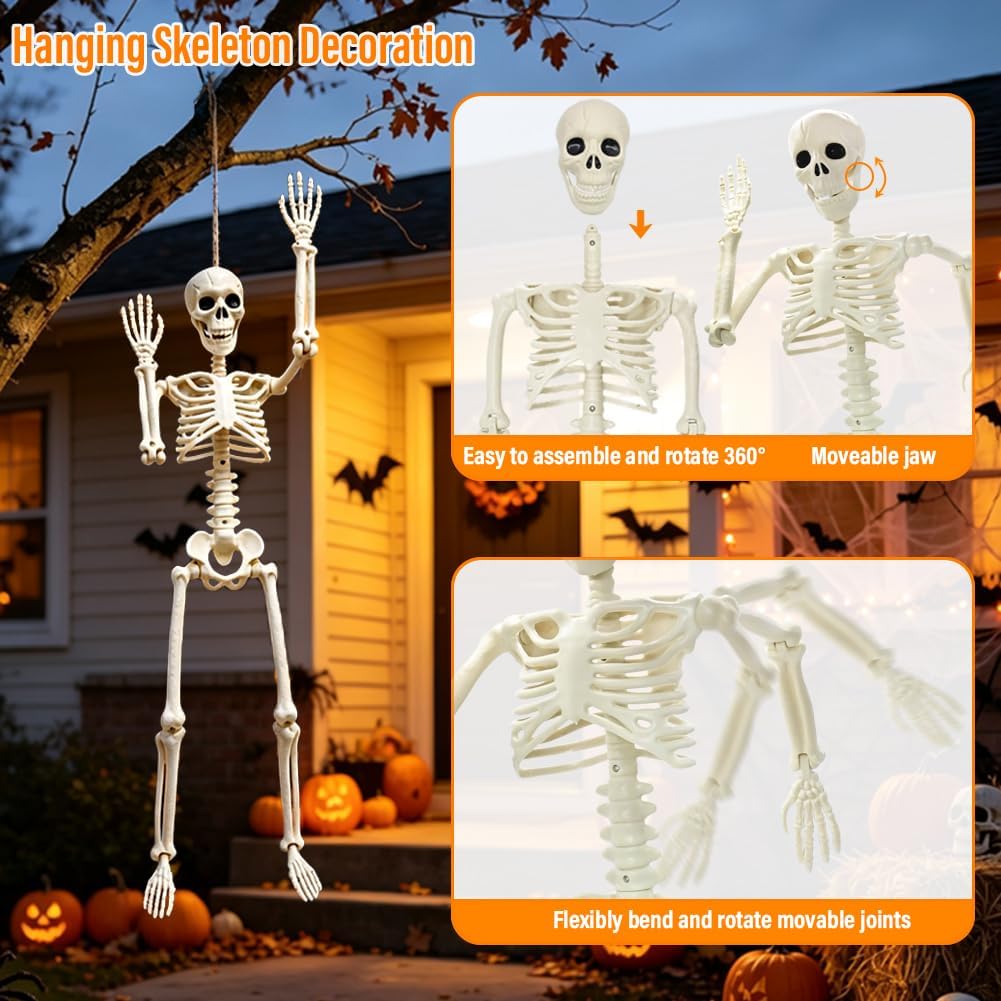 22in/2ft Life Size Posable Skeleton, Plastic Full Body with Movable Joints Skeleton for Halloween Party Prop Graveyard Haunted House Decorations