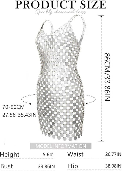 GORAIS Sparkly Sequin Chainmail Dress Dots Dance Mini Dresses Nightclub Bikini Body Chain Dress for Women