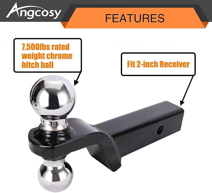 Double Ball Welded Tow Ball Bracket, 2 inches (5000 lbs) and 2-516 inches (7500 lbs) - Drop 2 inches, length 8-14 inches, hollow, black powder coated