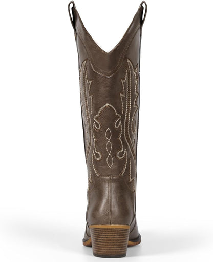 IUV Cowboy Boots For Women Western Cowgirl Boots Mid Calf Snip Toe | Chunky Heel Ideal for low insteps