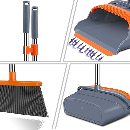kelamayi Upgrade Broom and Dustpan Set, Self-Cleaning with Dustpan Teeth, IndoorOutdoor Sweeping, Ideal for Dog Cat Pets Home Use, Stand Up Broom and Dustpan (GrayOrange)