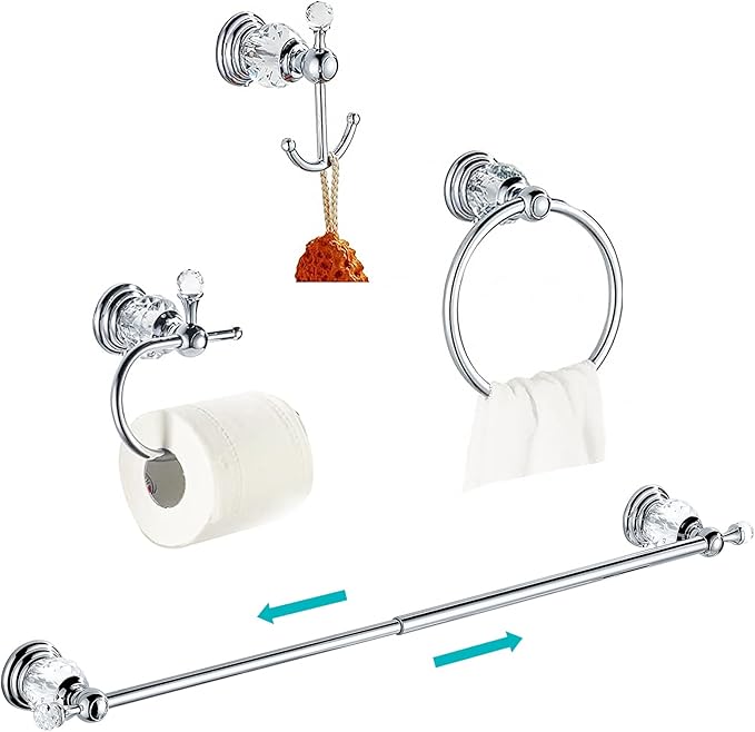 WOLIBEER Crystal Bathroom Accessories, Chrome 24 Inch Towel Bar Set Polished Brass Toilet Paper Holder Towel Ring Coat Hooks Bathroom Hardware 4 Pieces Wall Mounted