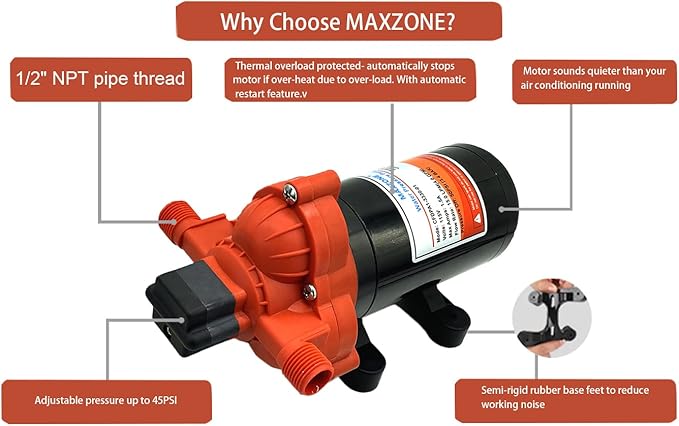 115V Water Diaphragm Pump, Industrial Water Pressure Pump, 50 PSI Self-Priming Pump on Demand with American Plug for Kitchen, Bathroom, Caravan, Marine Yacht