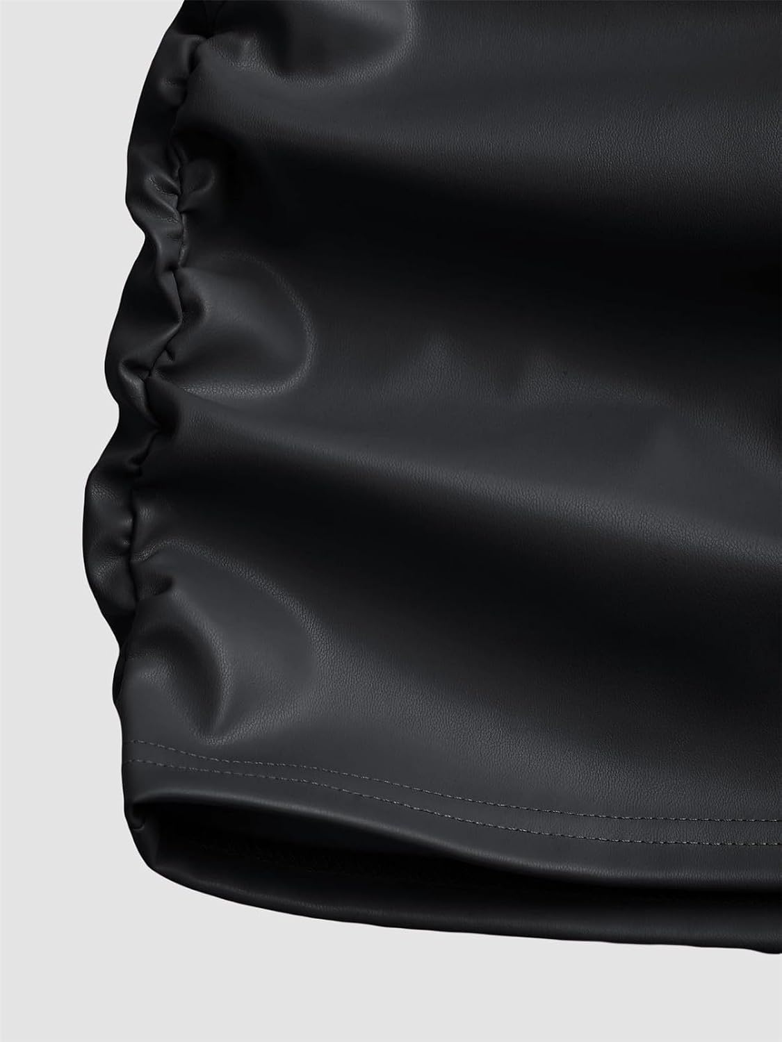Qikaka Women's Long Sleeve O Neck PU Leather Paneled Ruched Ruffles Sexy Nightclub Party Mini Dress