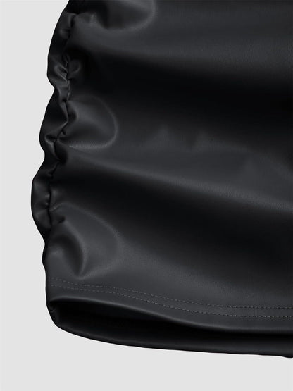 Qikaka Women's Long Sleeve O Neck PU Leather Paneled Ruched Ruffles Sexy Nightclub Party Mini Dress