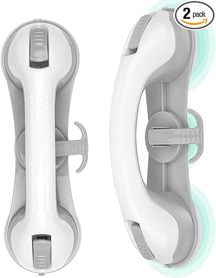2-Pack Shower Handle Safety Grab Bars with 3 Suction Cups for Bathtubs and Showers - Bathroom Rails Aid for Seniors, Elderly, Handicap - Wall  Bath Tub Toilet Support (Grey)