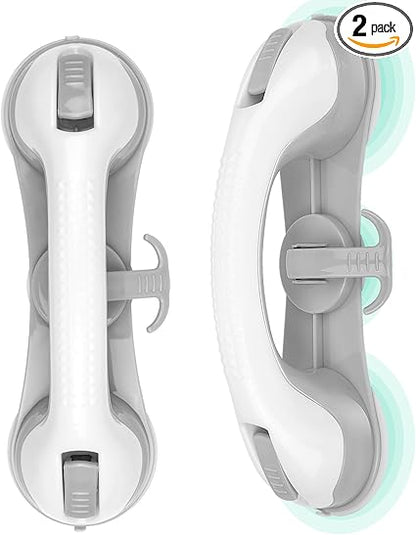 2-Pack Shower Handle Safety Grab Bars with 3 Suction Cups for Bathtubs and Showers - Bathroom Rails Aid for Seniors, Elderly, Handicap - Wall  Bath Tub Toilet Support (Grey)