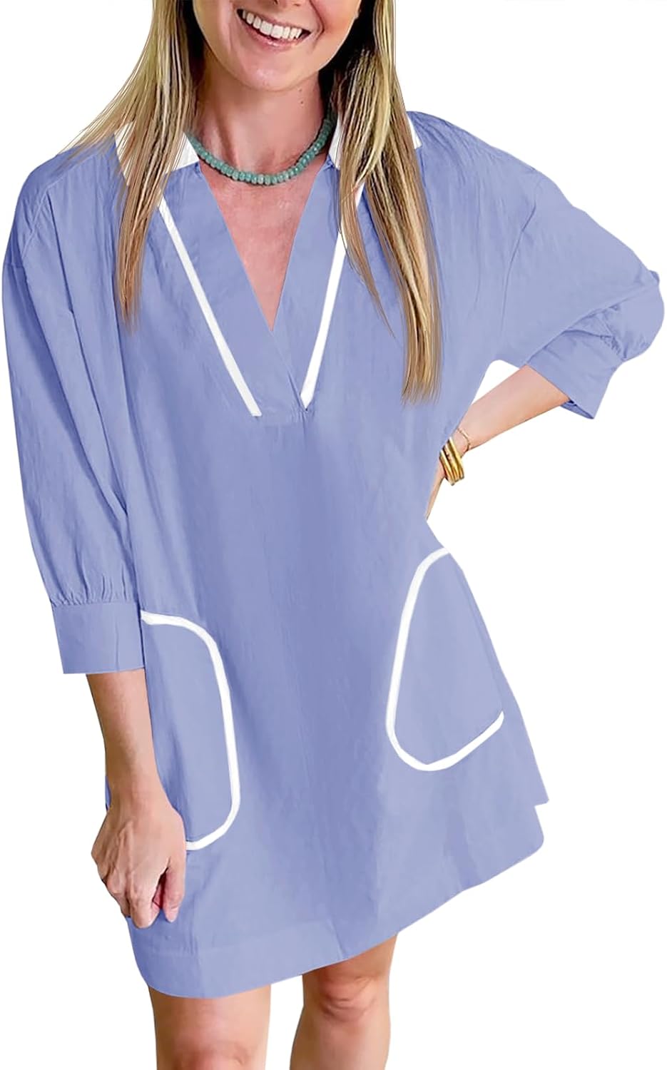 Saodimallsu Womens V Neck Swimsuit Coverup 3/4 Sleeve Collar Color Block Oversized Cover ups Mini Beach Dress with Pockets