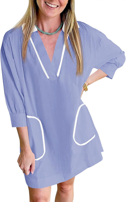 Saodimallsu Womens V Neck Swimsuit Coverup 3/4 Sleeve Collar Color Block Oversized Cover ups Mini Beach Dress with Pockets