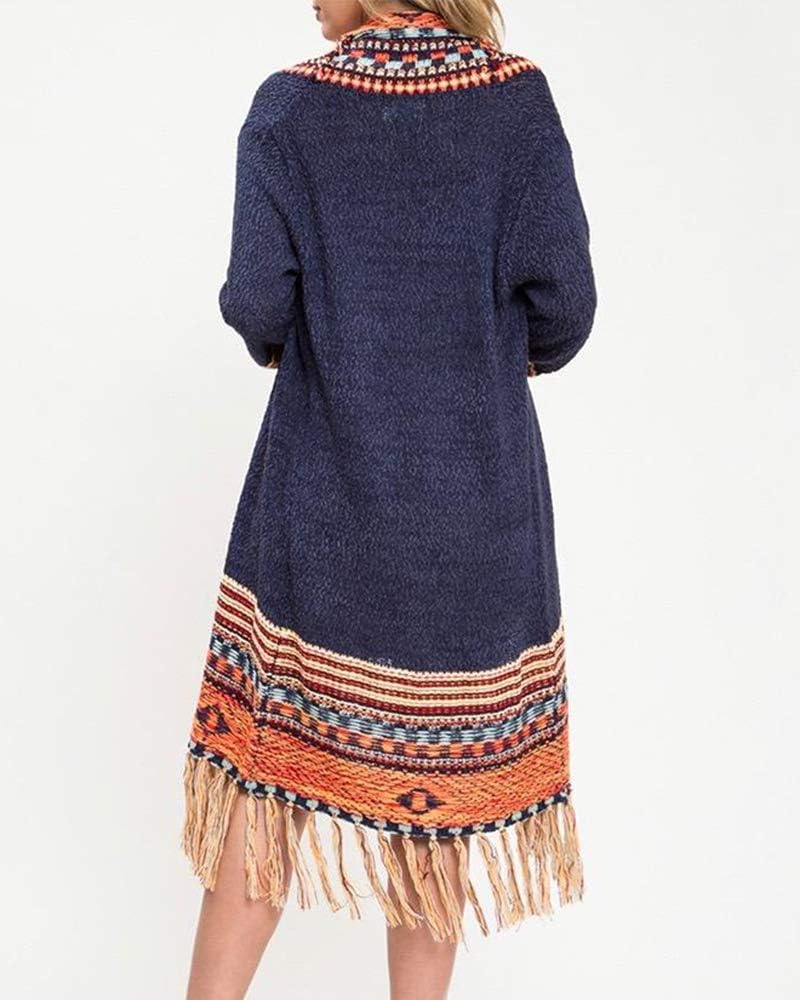 Navy Blue With Yellow Colors FERBIA Women Boho Cardigan Sweater Long Open Front Maxi Knit Sweaters Aztec Tribal Tassel Fringe Thin Coat