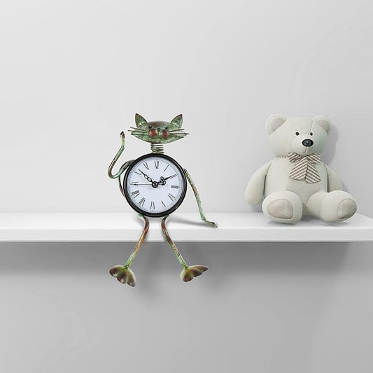 Tooarts Small Cat Desk Clock Handmade Vintage Metal Cat Figurine Decorative Table Animal Clock