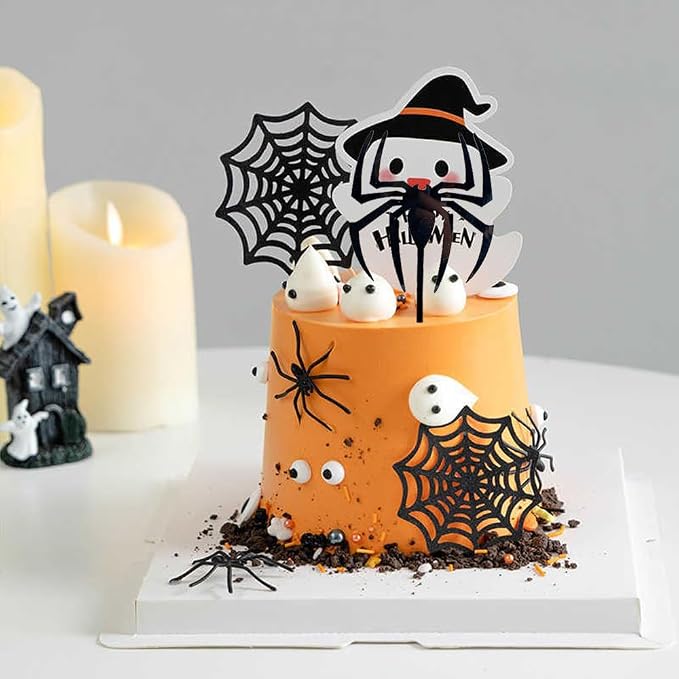 Halloween Cake Toppers Happy Halloween Cupcake Topper Acrylic Trick Or Treat Pumpkin Spider Bat Cake Decoration Party Supplies 6 PCS