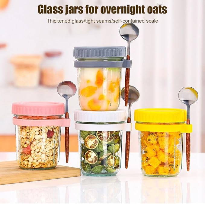 Overnight Oats Jars,Glass Yogurt Jars for Overnight,Leak Proof Mason Glass Jars for Milk Cereal,Chia Pudding Jars,Oats Containers with Spoon,Lid and Measurement Marks for Meal Prep (Gray)