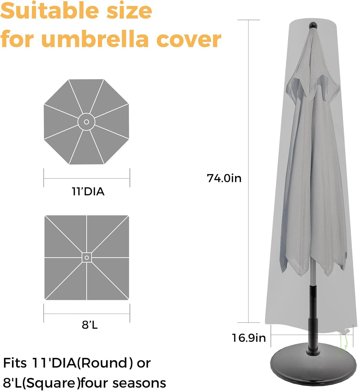 Patio Umbrella Cover - Waterproof Patio Parasol Covers with Zipper for 7ft to 11ft Outdoor Umbrellas Black