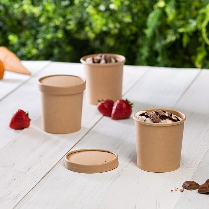 GUSTO 16 oz. - 25 Count Kraft Paper Food Containers with Vented Lids - To Go Hot Soup Bowls, Disposable Ice Cream Cups, Ideal for Hot and Cold Foods - (Formerly Comfy Package)