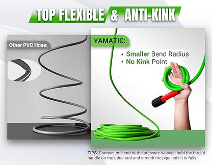 YAMATIC Super Flexible Pressure Washer Hose 50FT for Power Washer Replacement, Kink Resistant Extension With Leak-Free M22 Female & 3/8" Quick Connect Adapters, 1/4" 3200 PSI, Green