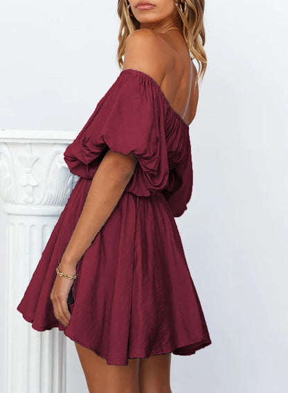 Dokotoo Womens Off The Shoulder Elastic Waist Summer Dresses | Ruffle,A-Line,Square Neck,Lantern Sleeve,Wedding Guest,Bohemian,Beach Vacation,Sundresses,Casual,Pirate Dress
