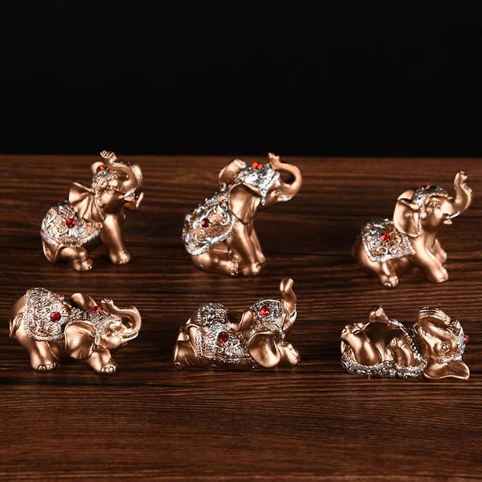Brass Statu BRABUD Resin Small 6 Elephants Statues, Tabletop Decor, Gold Lucky Elephant Figurine, Home Office Shelf Decor Ornaments, Animal Lover Collectible Gift