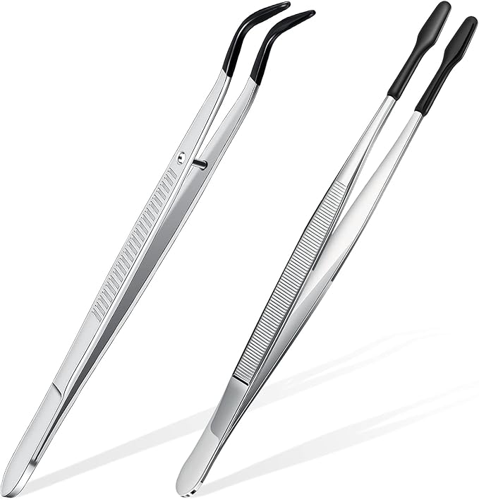 2 Piece Tweezers with Rubber Tips Set - Bent and Straight Flat Tips Tweezers PVC Coated for Stamp Coins Jewelry Crafts, Electronics(Silver, Black)