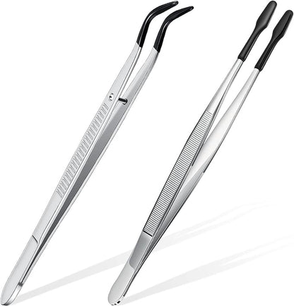 2 Piece Tweezers with Rubber Tips Set - Bent and Straight Flat Tips Tweezers PVC Coated for Stamp Coins Jewelry Crafts, Electronics(Silver, Black)
