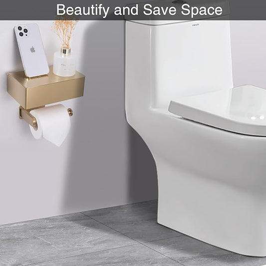 Adhesive Toilet Paper Holder with Shelf and Storage, Wall Mount Toilet Paper Roll Holder  Flushable Wipes Dispenser Set Fits Any Bathroom, Stainless Steel Tissue Holder-Round, Gold