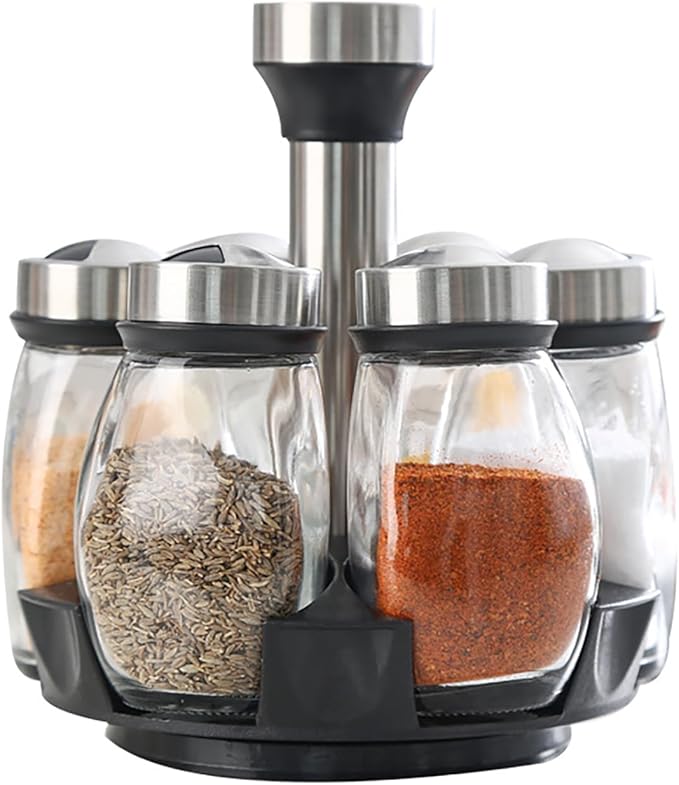 360 Rotating Spice Rack, 6PC Spinning Glass Spice Jars Suitable for kitchen countertops, spice storage, cooking, outdoor BBQ,(Spices Not Included)