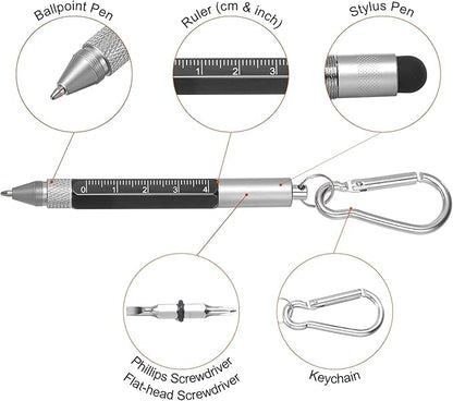 MECCANIXITY 6 in 1 Metallic Stylus Pen Aluminum Alloy Mini Capacitive Pens with Ballpoint Pen, Ruler, Screwdriver, Stylus, Keychain for Men and Women,Black
