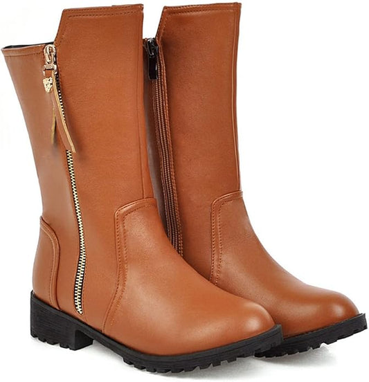VOKLIN Women's Classic Round Toe Flat Low Heel Dress Ankle Boots Side Zipper Western Dressy Short Booties