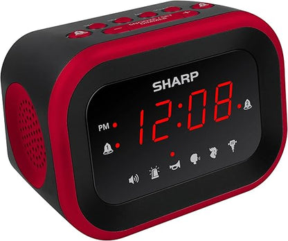 Sharp Big Bang Super Loud Alarm Clock for Heavy Sleepers, 6 Extremely Loud Wake Up Sounds: Rooster, Bugle, Nagging Mom, Jackhammer, Siren, Beep  Up to 115db Volume, RedBlack with Red LED Display