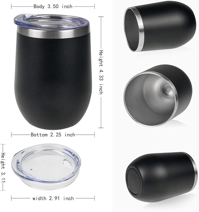 Wine Tumbler - 4 Pack 12 oz Stainless Steel Tumbler with Lid,Stemless Double Wall Vacuum Insulated Travel Cup for Wine,Coffee,Cocktails(Black)