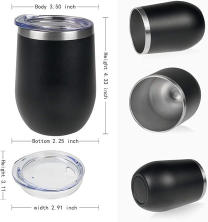 Wine Tumbler - 4 Pack 12 oz Stainless Steel Tumbler with Lid,Stemless Double Wall Vacuum Insulated Travel Cup for Wine,Coffee,Cocktails(Black)