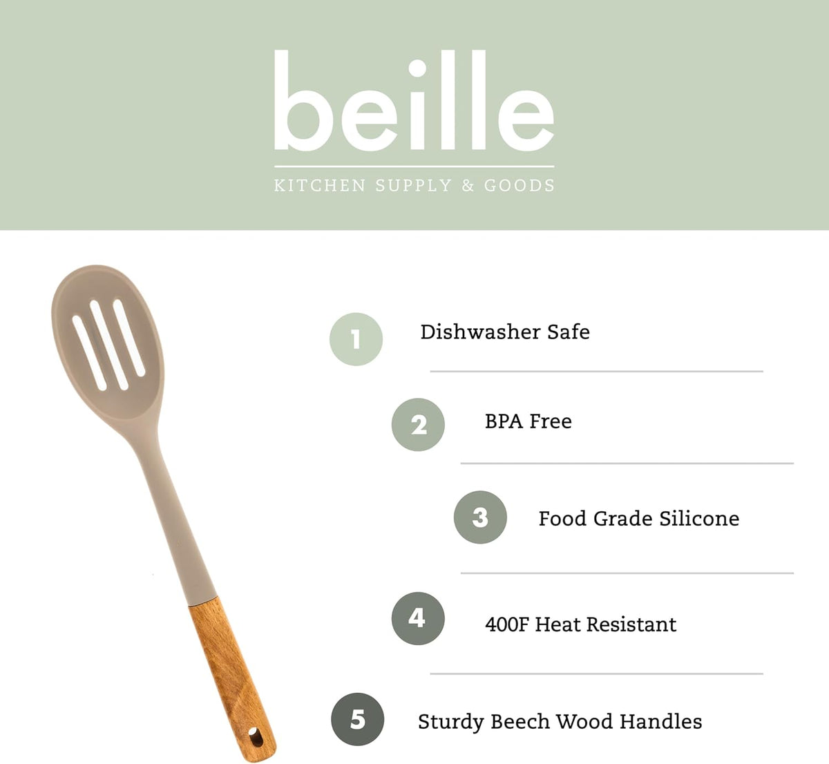 Beille 1pc Beech Wood and Slotted Silicone Cooking Spoon Kitchen Utensils Baking Supplies Home Essentials, Beige