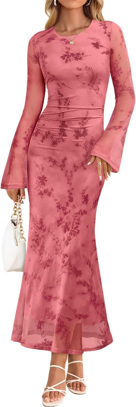 ZESICA Women's Long Sleeve Floral Bodycon Dress 2026 Spring Fall Ruched Mesh W