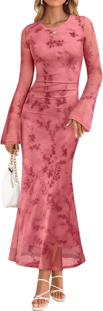 ZESICA Women's Long Sleeve Floral Bodycon Dress 2026 Spring Fall Ruched Mesh W