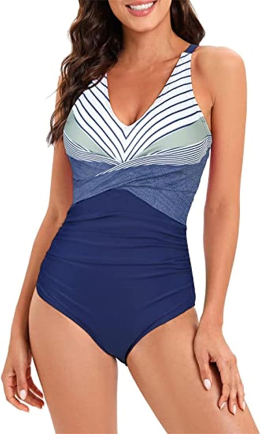 Women's One Pieces Swimsuit, Front Cross Ruched Swimsuit, Adjustable Halter & Tummy Control Bathing Suit for Summer