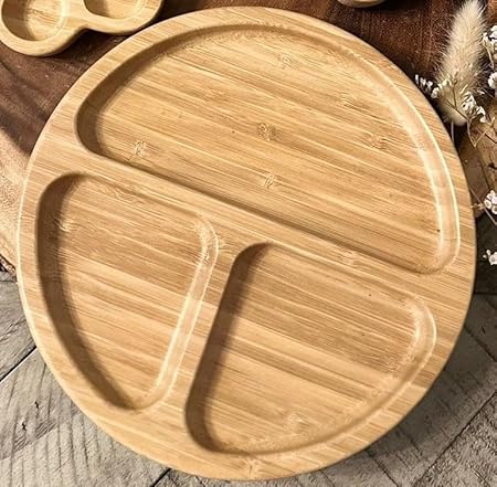 Wooden Bamboo Round Sectional Plates, Fun Baby Led Weaning Dishes with Suction Cup for Toddlers
