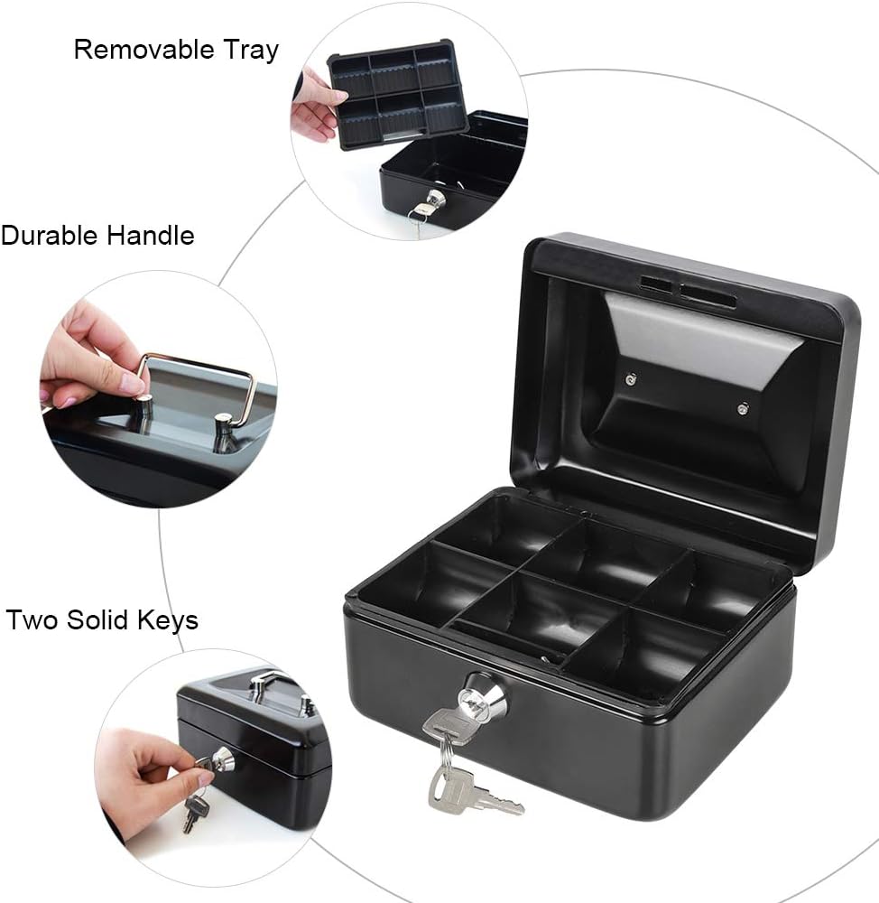 Cash Box with Money Tray and Key Lock, Parrency Large Money Box, 11 4/5" x 9 2/5" x 3 1/2", (Black Key Lock, XLarge)