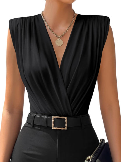 Navy blue - LYANER Women's Wraped V Neck Ruched Sleeveless Tank Leotard Bodysuit Top