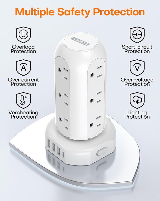 Power Strip Tower PD 20W 12 Outlets and 4 USB Ports Flat Plug Surge Protector with (1 USB C PD 20W) 6.5FT (13A) Travel Power Strip with USB Ports for Home Office Supplies